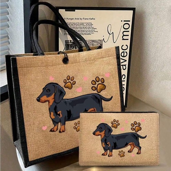NWOT Dachshund Print Dog Tote Bag Set - Black and Tan - Picture 5 of 5